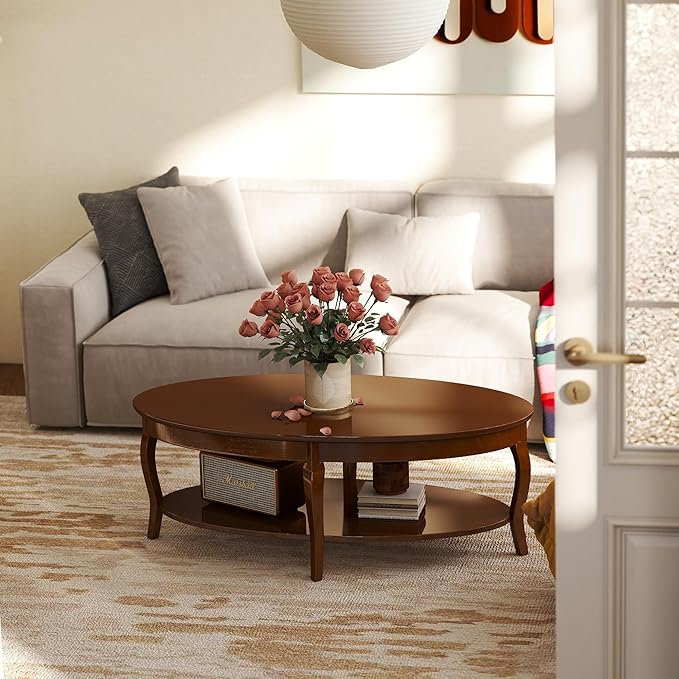 LZAREAL Coffee Table with Storage Oval Solid Wood Coffee Table Antique Farmhosue Living Room Table Rustic Center Table for Living Room Guest Room Reception Room Waiting Room, Brown Walnut Color