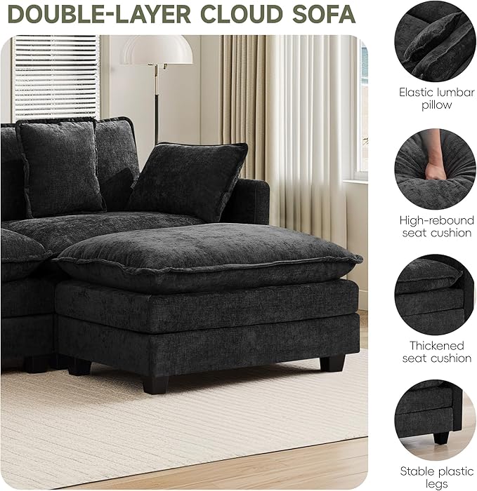 UMBFUN 3-Seater Cloud Couch with Ottoman, Oversized Comfy Modular Sectional L Shaped Sofa with Deep Seats, Chenille Couch for Living Room, Dark Grey