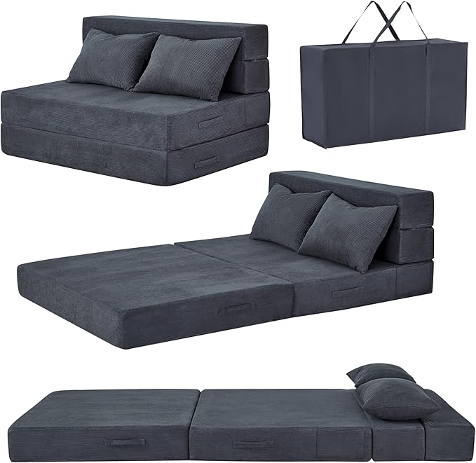 HILERO Folding Sofa Bed, 4 in 1 Convertible Sleeper Chair with Pillow, Twin Memory Foam Fold Out Chair Bed, Modern Floor Futon Sofa Couch Mattress for Living Room/Guest/Apartment, Dark Grey