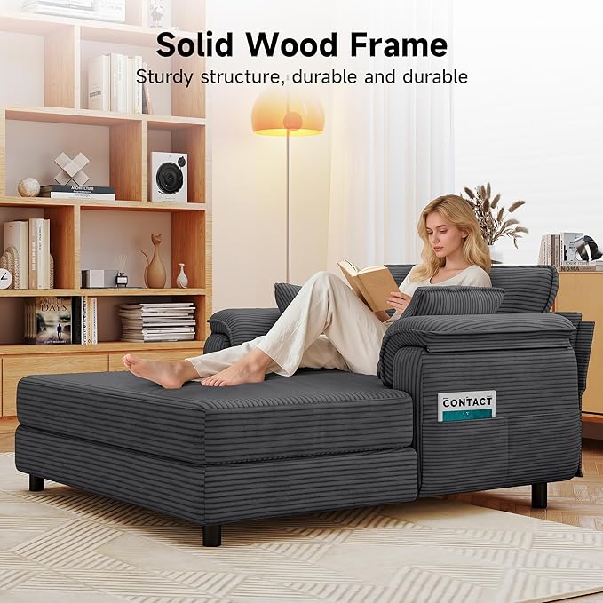 Winlice 58'' Chaise Lounge Chair Indoor, Oversized Corduroy Wooden and Iron Frame Sofa Bed, Comfy Upholstered Lounge Sleeper Couch with 4 Storage Pockets for Living Room, Sunroom, Study, Dark Gray