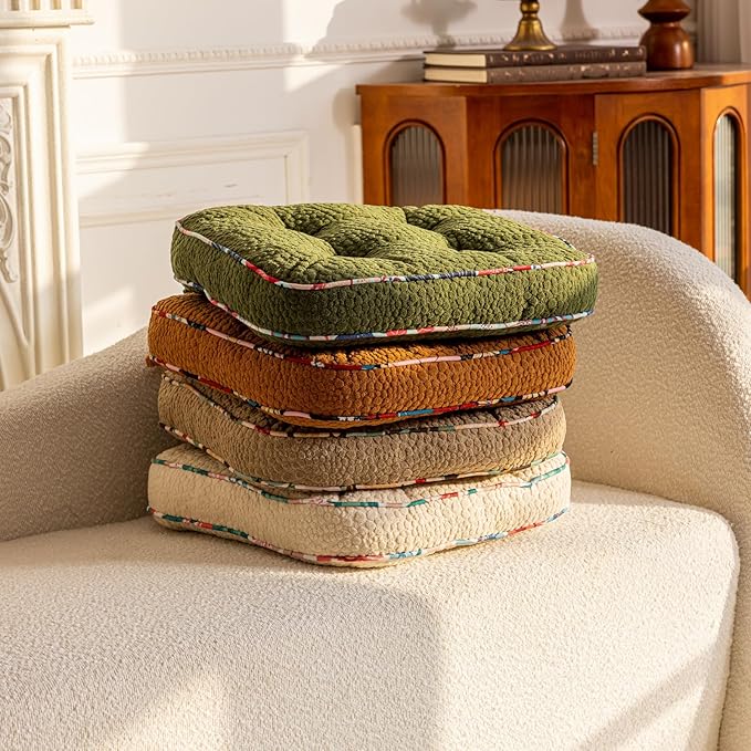 Soft Comfort Chair Pads with 3D Dots Pattern Jacquard Warm Square Chair Cushion with Ties Thicken Non-Slip Floor Pillow Fluffy Seat Cushion for Office Dining Kitchen (Green,15"x15")