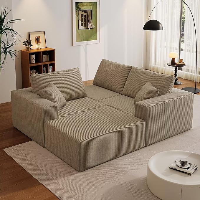 110" Cloud Boneless Sectional Sofa for Living Room, No Assembly Modular L-Shaped Couch with Deep Seat, Frameless Corduroy Upholstery, Grey, 3-Seater Right-Facing Chaise