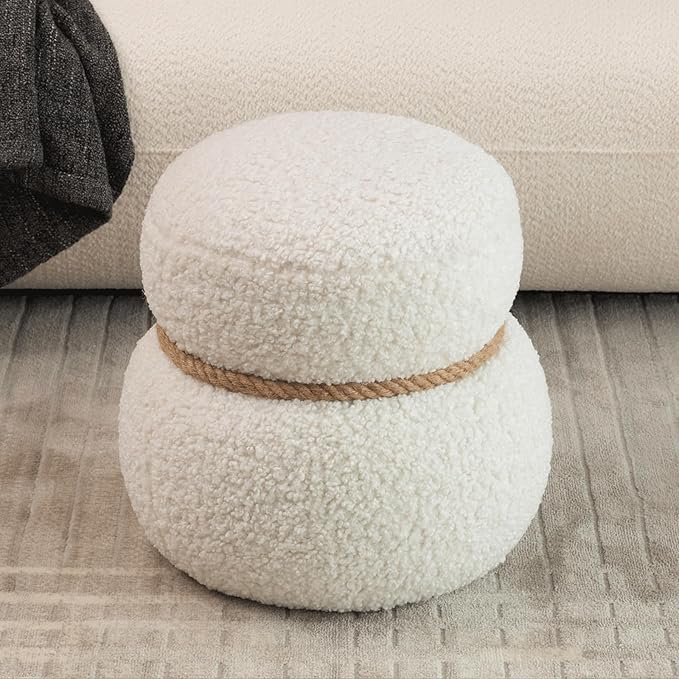 14.56" Snowman Shape Ottoman, Small Foot Stool, Cute Teddy Pouf Footrest, Foot Rest for Couch Sofa, Modern Soft Round Boucle Ottoman Under Desk for Living Room,Apartment,Small Space (White)