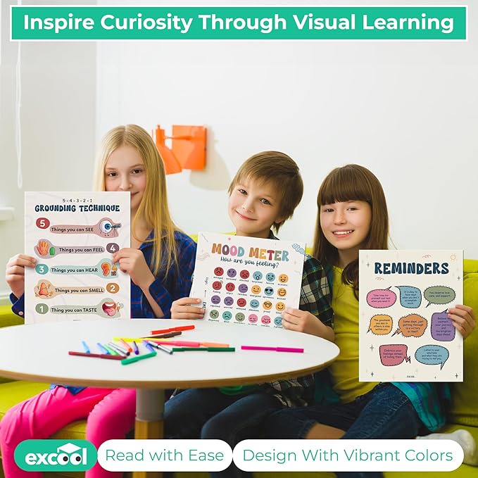 EXCOOL CLUB 9 Pcs Mental Health Posters For Classroom Decor - 11x14 Therapy Wall Decor Feeling Wheel Poster, Emotions Chart Inspirational Wall Art For Kids, School Counselor Office Must Haves