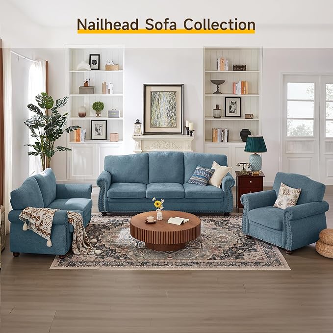 ONBRILL Nailhead Trim Armchair, Rolled Arm Accent Chair for Living Room, Comfy Chenille Club Sofa Chair w/Springs Cushions & Wood Legs, Traditional Single Couch Chair for Apartment, Farmhouse, Teal