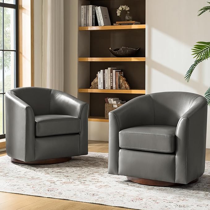 HULALA HOME Genuine Leather Swivel Accent Chairs Set of 2 with Solid Wood Base, Round Swivel Barrel Chairs for Living Room and Bedroom, No Assembly Required, Grey