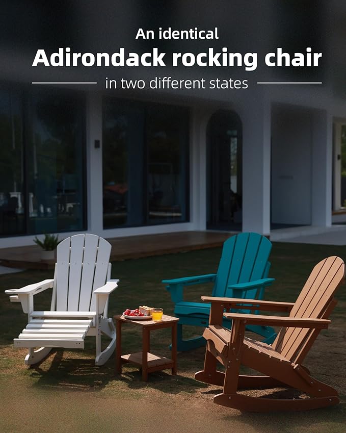Folding Adirondack Rocking Chair,4-in-1 Multifunctional Patio Chair with Retractable Ottoman, Outdoor Chair Wood Texture, Lawn Chair for Porch, Backyard, Pool(Black)