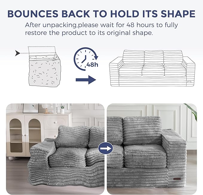 MAXYOYO 3-Seater Boneless Sofa Couch, Modern Faux Fur Sofa for Living Room, Soft Bean Bag Chair High-Density Foam Couch with Pillows, No Assembly Required