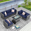 RADIATA 7 Piece Wicker Patio Furniture Set with Fire Pit, All-Weather Outdoor Sectional Couch High Back Large Size, Modular Backyard Seating Sofa Set with Propane/Natural Gas Firepit Table, Grey&Blue