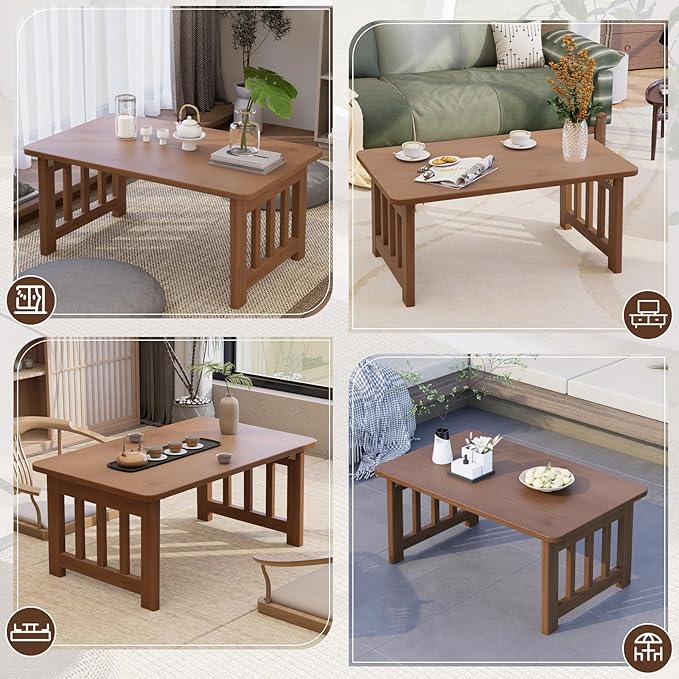 Japanese Folding Floor Coffee Table, Bamboo Foldable Low Table for Sitting On The Floor No Assembly Portable Tea Table Chabudai Table for Tatami, Bay Window, Meditation, Altar (Walnut)