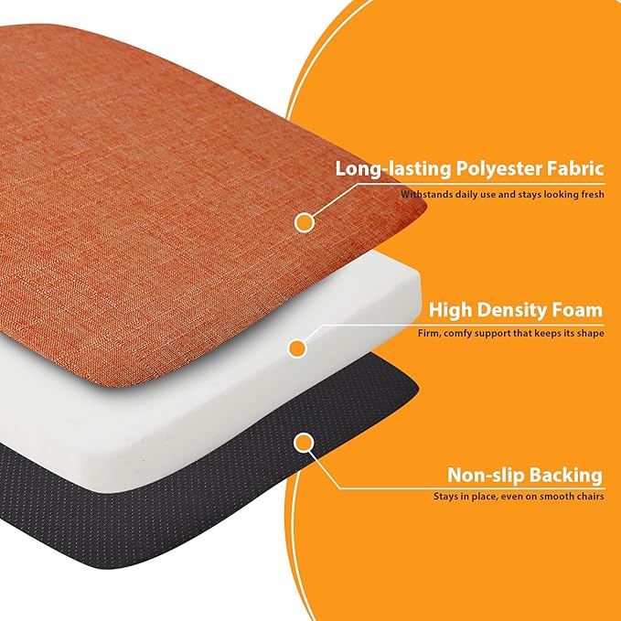 Ruqmuis Chair Cushions for Dining Chairs, 2" Thick Seat Cushions for Kitchen Chairs, D-Shaped Chair Pads with Washable Cover, Ties and Non Slip Backing, 17'' x 16'', Set of 4, Orange