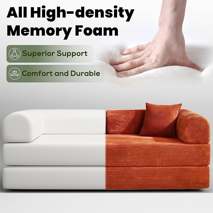 79" Convertible Sofa Bed, Boneless Corduroy Sleeper Foldable Modular Couch, Memory Foam Compressed Sofa in A Box, Folding Mattress Floor Couch for Small Space Living Room Apartment Bedroom, Orange