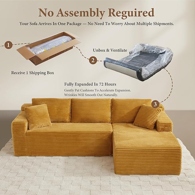 105" Sectional Couches for Living Room Cloud Couch Sofa with L-Shape Upholstered Boneless Couchs Modern Modular Sectional Couch with Chaise (Yellow, 105" W+Right Facing Chaise+2Seaters)
