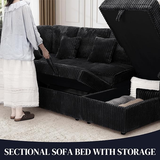 Modular Sectional Sleeper Sofa with Pull Out Bed, Storage Chaise & USB Charging, U Shaped Plush Corduroy Black Sectional Couches for Living Room, Comfy Convertible 7 Seat Cloud Sofa Bed, Black