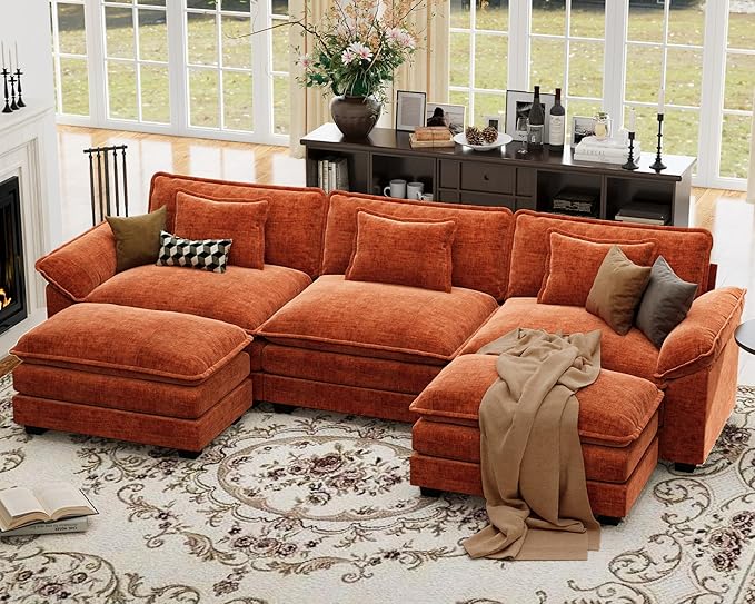CDCASA 120" Oversized Modular Sectional Sofa, Comfy U-Shaped Cloud Couch w/ 2 Movable Ottoman, 5-Seater Chenille Deep Seat Modern Sofa Couch for Living Room, DIY Combination, Terracotta Orange