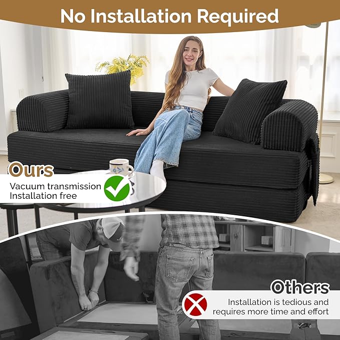Convertible Corduroy Sleeper Sofa Bed with Cylindrical Pillow, Folding Mattress Couch with Fixed-Shape Frame, Floor Sofa Lounge Couch for Living Room Bedroom Lounge Studio, Black