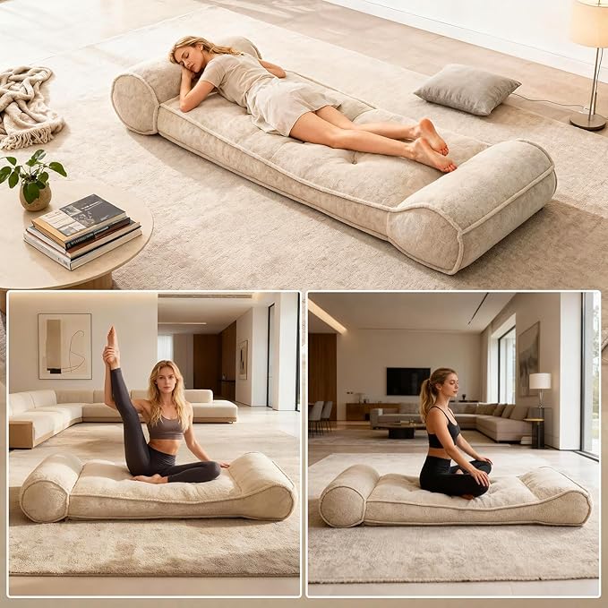 Dineli 83'' Lazy Floor Lounger Meditation & Yoga Chair Couch Recliner Sofa Bed Floor Seat for Adults Indoor Reclining Chairs Bed Comfy Chair Couch for Bedroom Living Room, Camel