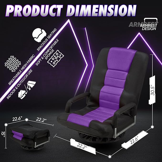 Swivel Gaming Chair 360 Degree Multipurpose Floor Chair w/Armrest & 6 Adjustable Postions Backrest for Adults & Kids, for Reading, Gaming, Watching, Relaxing, Purple