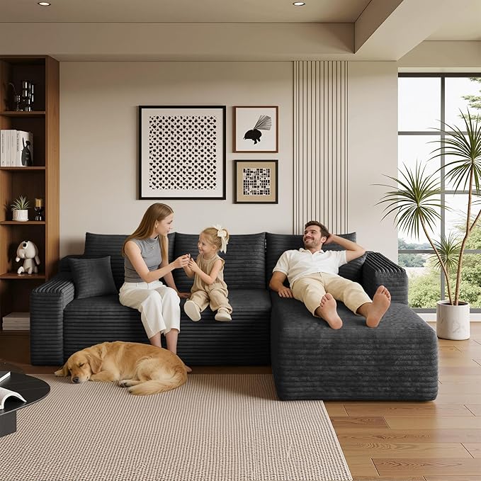 AUGOP 96" Sectional Couches for Living Room Modern Modular Sofa with L-Shape Couchs Upholstered Boneless Couch Deep Seat Sectional Couch with Chaise (Black, 96" Right Facing Chaise+2Seaters)