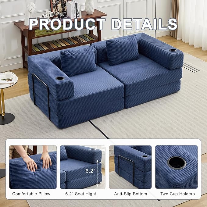 78" Loveseat Sleeper Sofa, 4 in 1 Convertible Floor Sofa Bed, Boneless Cloud Couch with Cup Holder, Fold Out Floor Couch for Living Room Bedroom Lounge, Corduroy, Navy Blue