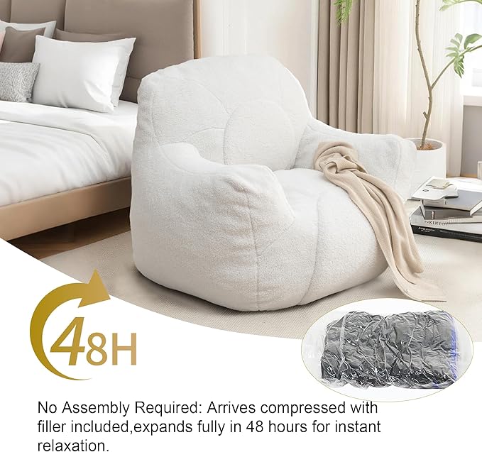 Bean Bag Chair, Bean Bag Couch for Adults Kids, Comfy Flower-Shaped Chair with Filler Armrests Stuffed High-Density Foam Stuffed Sofa Lounge Floor Sofa for Bedroom,Gaming, Reading, White