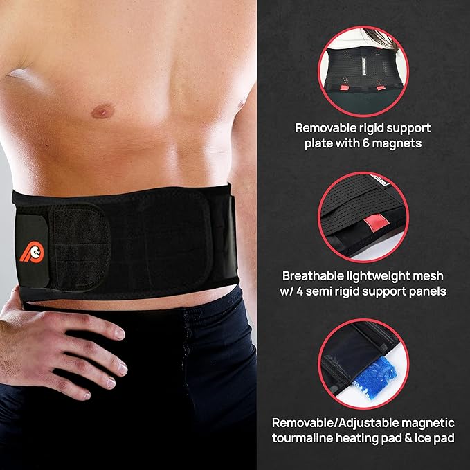 PRIMEKINETIX Pcore Dynamic Lower Back Support Belt - Adjustable Lumbar Brace for Pain Relief with Heat & Ice Therapy - Posture Corrector for Men Women - Breathable Core Support Belt, Size 2XL