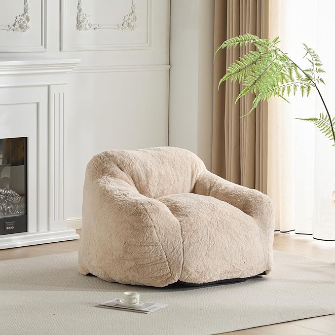 Indoor Bean Bag Chair,Plush Faux Fur Armchair,Ergonomic Back Support, Shredded Foam Fill, Compact Lounge Chair Space-Saving Ergonomic Seating for Living Room Bedroom Office,Beige