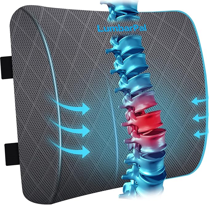 Lumbar Support Pillow for Office Chair Back Support Lumbar Pillow for Car, Gaming, Office Chair - Improve Sitting Posture & Back Pain Relief, Memory Foam, Adjustable Straps, Grey