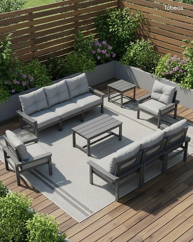 HDPE 3 Piece Patio Furniture Set, All-Weather Outdoor Couch Bistro Set with Thick Cushions, Patio Conversation Sets for Lawn, Garden, Porch, Balcony, Deck, Poolside, Grey