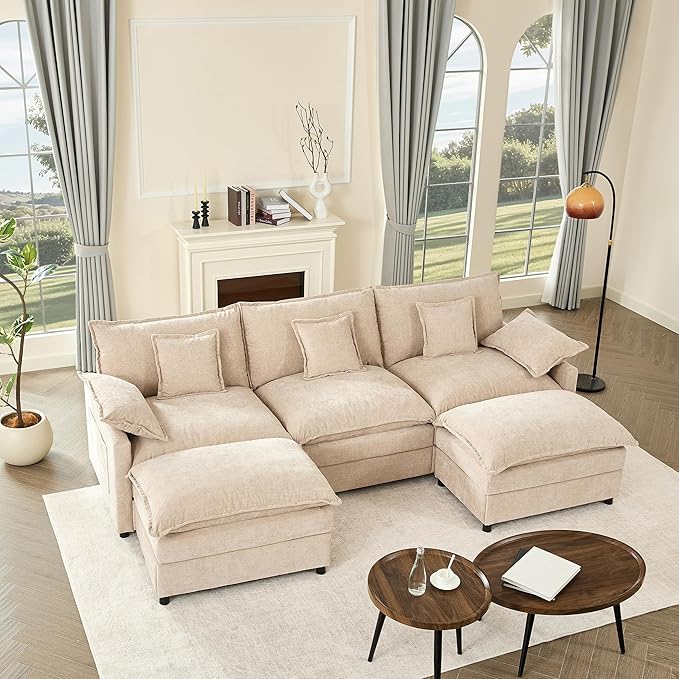 GOSUHI 108" U Shaped Couch, Modular Sectional Sofa, 3-Seater Comfy Cloud Couch with Movable Ottoman, Deep Seat Couches for Living Room, Chenille, Flat White