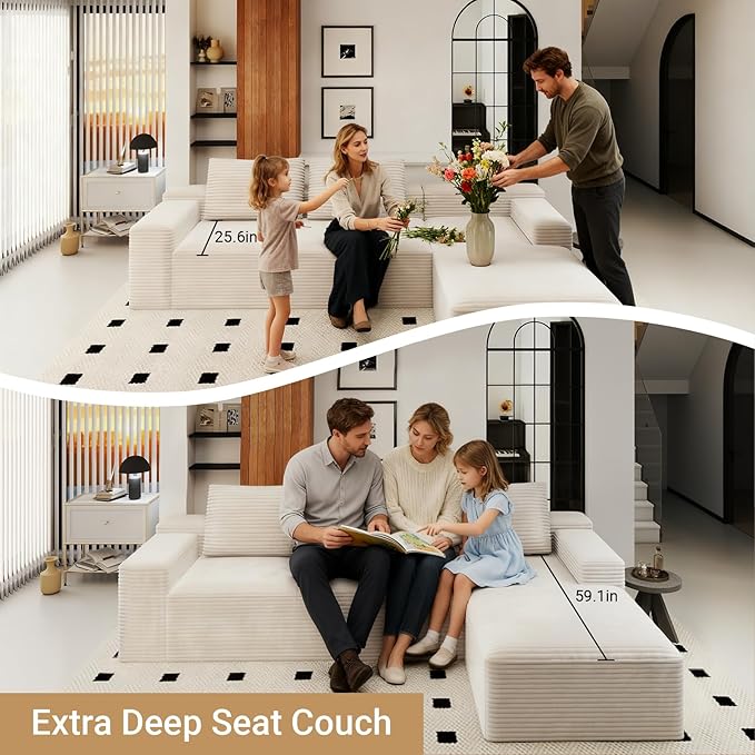 KAPEETOO Modular Sectional Sofa Cloud Couch for Living Room, Right L Shaped Boneless Couch with Chaise Longue, Oversize 3-Seater Sectional Sleeper Sofa Set with Deep Seat Bedroom (White)