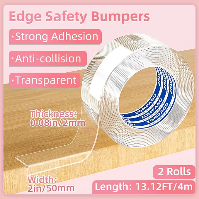 ZOMPAGO Clear Soft Corner Protectors for Furniture Strip,2in x13FT,2 Rolls,Sharp Edge & Table Bumper,Window Edge,Wall Protector, Soft Corner Guards Safe for Proof,Table Corner Protectors in Family