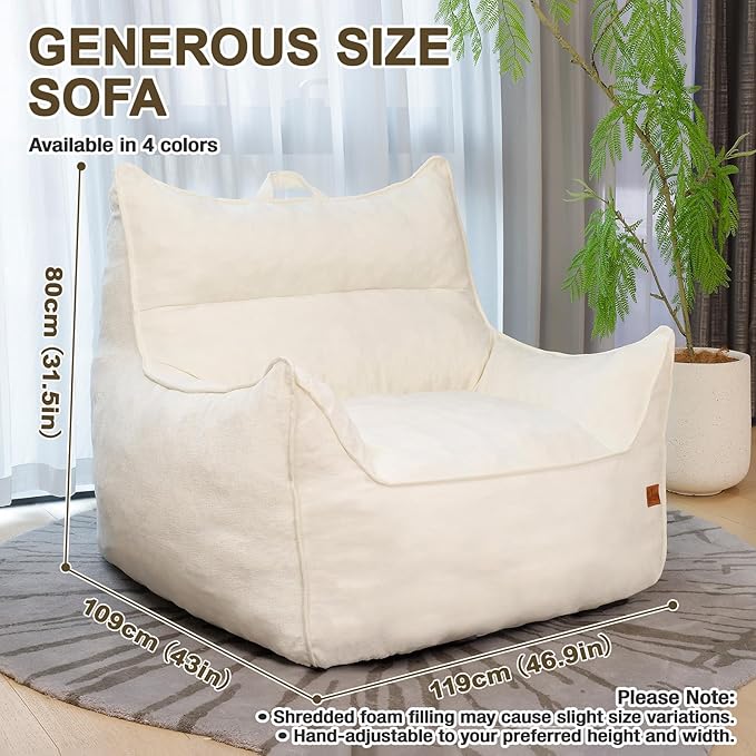 Giant Bean Bag Chair, Beanbag Chairs for Adults, Teens & Kids, Comfy Sofa Chair with Handle & Filling for Living Room, Reading & Gaming, Non-Slip(White-XL)