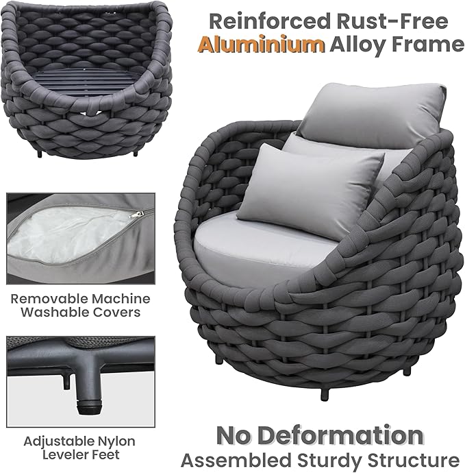 Erotr Front Porch Furniture Set: 5 Pieces Woven Rope Patio Conversation Set Aluminum - All Weather Cushioned Outdoor Sofa Set Assembled - Metal Modern Couch Set for 400lbs Deck Garden Poolside Hotel