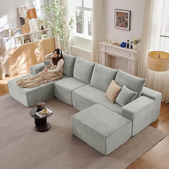 135.4" Cloud Sectional Couch with Ottoman,Modern U-Shaped Cloud Couch with Deep Seat,Comfy Corduroy 4-Seater Sofa,Memory Foam Sofa for Living Room,No Assembly (Gray,Left-Facing Chaise)