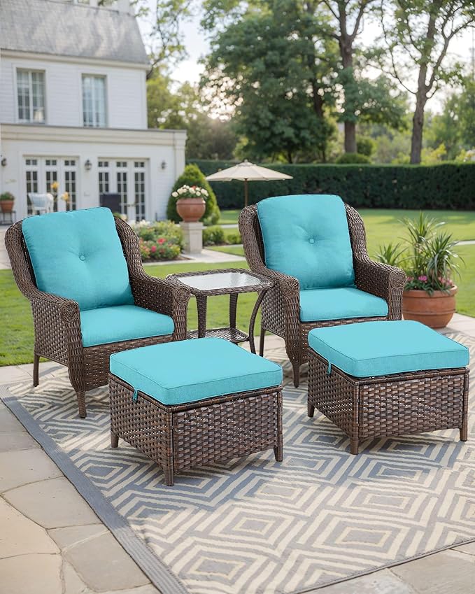 ACTREST 3 Piece Patio Brown Wicker Chairs with Side Table - Outdoor High Back Heavy Duty All-Weather Lawn Dining Rattan Chair Conversation Bistro Set for Deck Porch Balcony Backyard Garden - Turquoise