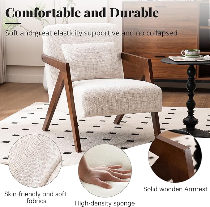 Mid-Century Modern Accent Chair Set of 2 with Solid Wood Frame，Upholstered Chenille Living Room Arm Chairs with Pillow for Bedroom, Living Room, Reading Room, Balcony, Beige