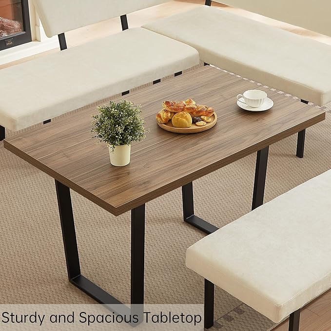 3-Piece Corner Dining Table Set with Bench, 67 Inch Space-Saving Breakfast Nook for Kitchen & Dining Room (Walnut Table & Beige Bench)