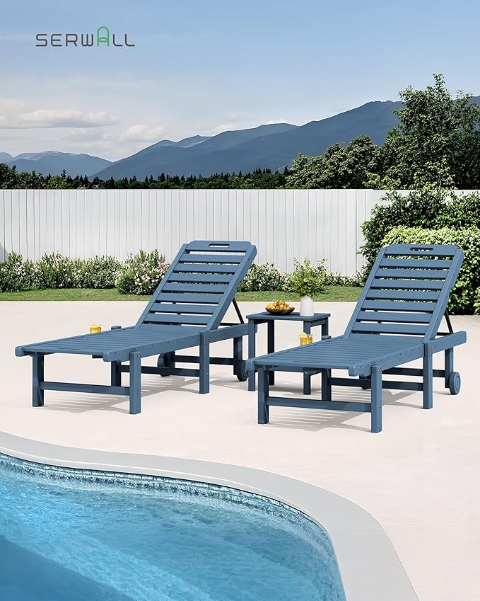 SERWALL Patio Chaise Lounge Set of 2, 78" Long Outdoor Lounger with Cup Holder and Rolling Wheels, HDPE Pool Chaise for Poolside, Deck, Sunbathing, Blue