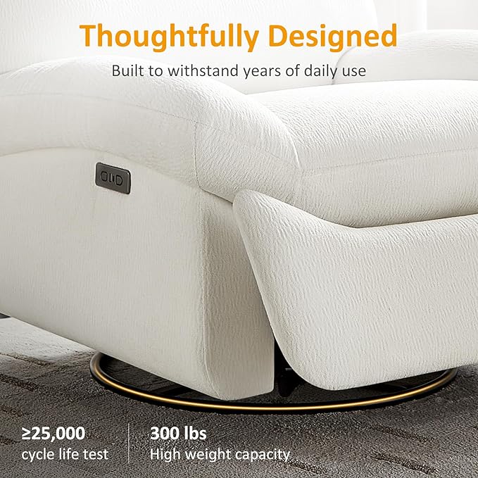 VANOMi Power Recliner Chair with Charging, 270° Swivel Glider Rocker, Electric Nursery Recliner for Living Room, Bedroom, and Office, White, Sets of 2