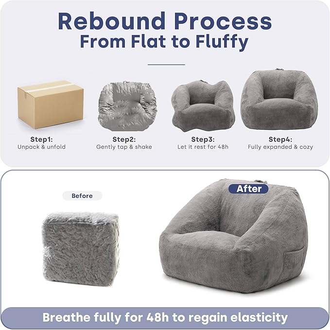 SUNBURY 47.2" Length L-Shaped Bean Bag Chair with Arms, Memory Foam Filled Floor Sofa with Handle & Side Pocket, Plush Faux Fur Chair for Adults, Living Room & Game Room (Gray)