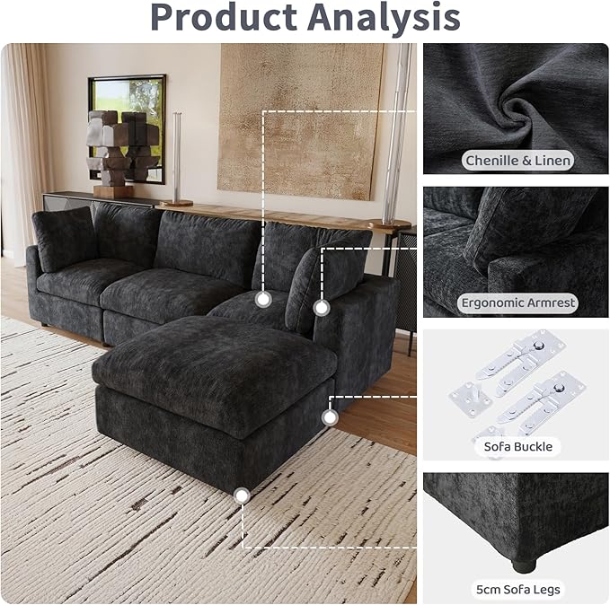 WJShome Cloud Couch Modular Sectional Sofa,100.5" V Shaped Couch, Convertible Wide Seater, 5 Seater for Living Room Set,Covers Washable&Replaceable,Black