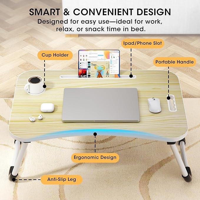 Folding Lap Desk, 23.6 Inch Wood Laptop Bed Desk with Cup Holder, Portable Bed Table for Working Writing Reading & Eating for Bed, Sofa, Couch, Floor - White