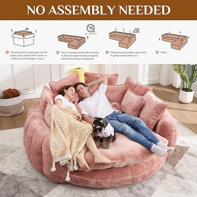 81" Oversized Bean Bag Chair Boneless Round Chaise Lounge Comfy Chenille Reading Chair Fluffy Plush Sofa Bed Large Deep Seat Circle Cloud Couch for Living Room, Bedroom, Apartment, Pink