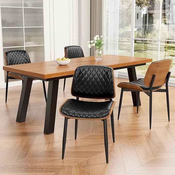 Dining Chairs Set of 2, Mid-Century Modern Upholstered PU Leather Chairs with Walnut Back and Metal Legs Adjustable Feet for Kitchen Dining Room, Black Diamond Plaid