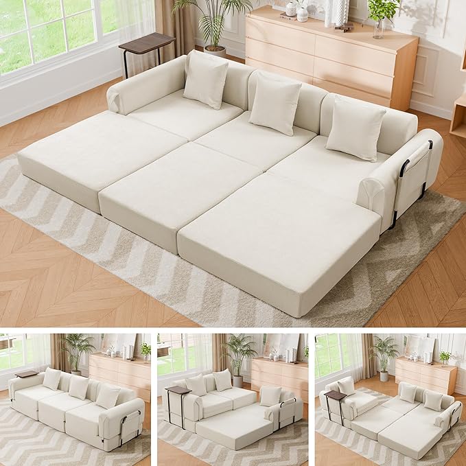 100" Oversized Convertible Sleeper Sofa Bed, Modular Sectional Cloud Sofa with Fixed-Shape Frame & Tabletop, Boneless Couch with Storage Pocket for Living Room, No Assembly Required, Beige
