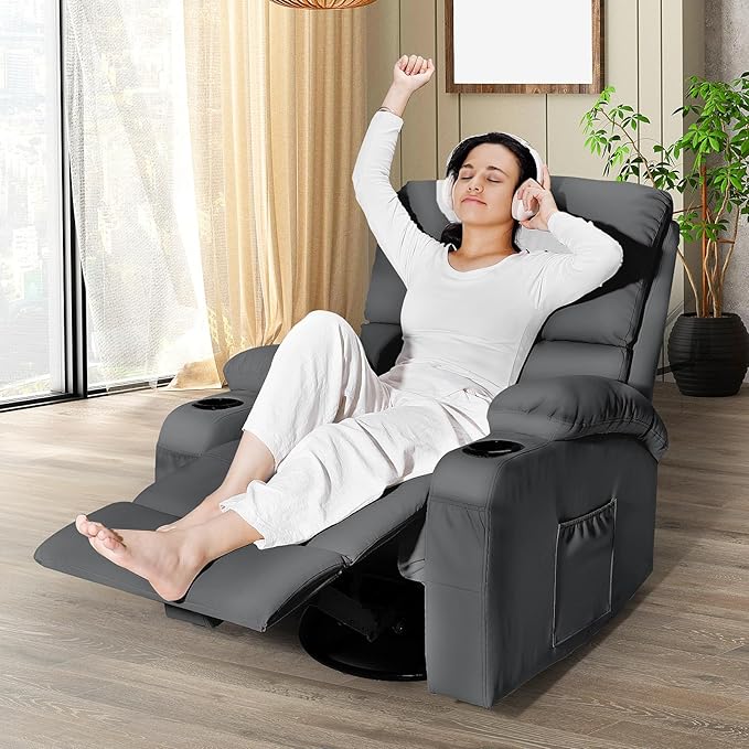 LAFWELL Rocking Recliner Chair, Massage Rocker Recliner Chair with Vibration Massage and Heat, USB and Type-C Ports,360° Swivel Faux Leather Chairs, Living Room, Bedroom, Nursery, RV, Dark Grey