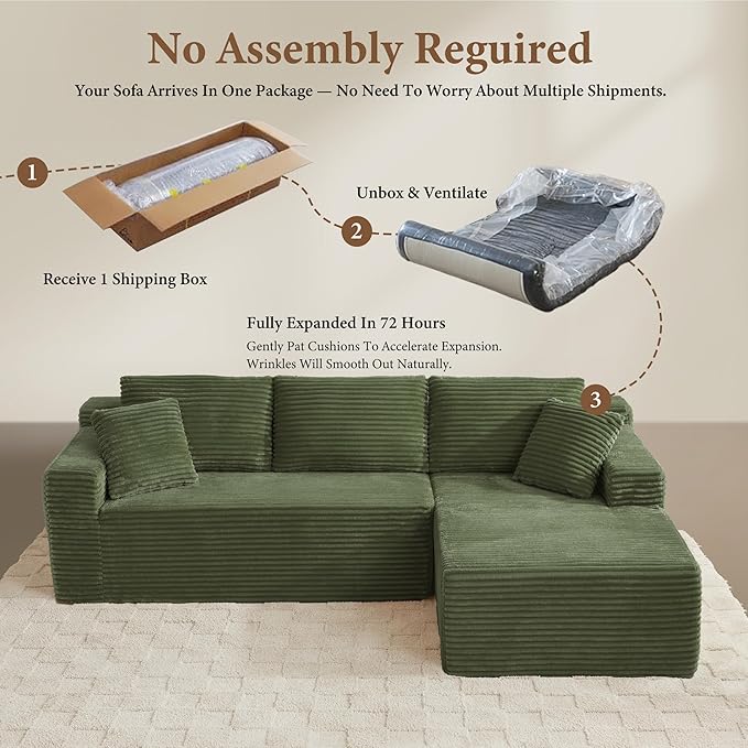 105" Sectional Couches for Living Room Cloud Couch Sofa with L-Shape Upholstered Boneless Couchs Modern Modular Sectional Couch with Chaise (Green, 105" W+Right Facing Chaise+2Seaters)
