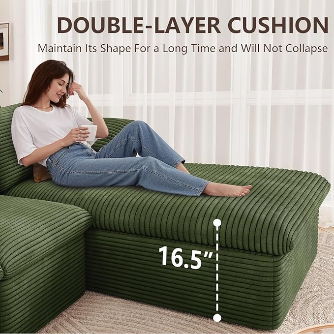 107" Cloud Modular Sectional Sofa with 1 Ottoman, Deep Seat Boneless Couch, Modern Upholstered Corduroy Couches, Comfort U Shaped Sofa for Living Room, No Assembly Required(Green,Right Facing Chaise)