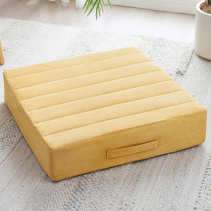 JKMAX 22 inches Floor Pillow for Adults - Large Meditation Cushion with Thick Foam & Soft Tufted Cover - Premium Outdoor Square Floor Cushion Seat - Yoga Pillows for Sitting On Floor - Yellow